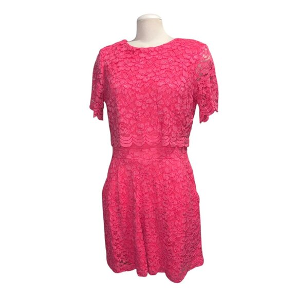 Taylor Womens Hot Pink Floral Lace Overlay Dress Size 10 Short Sleeves Crew Neck - Picture 1 of 16
